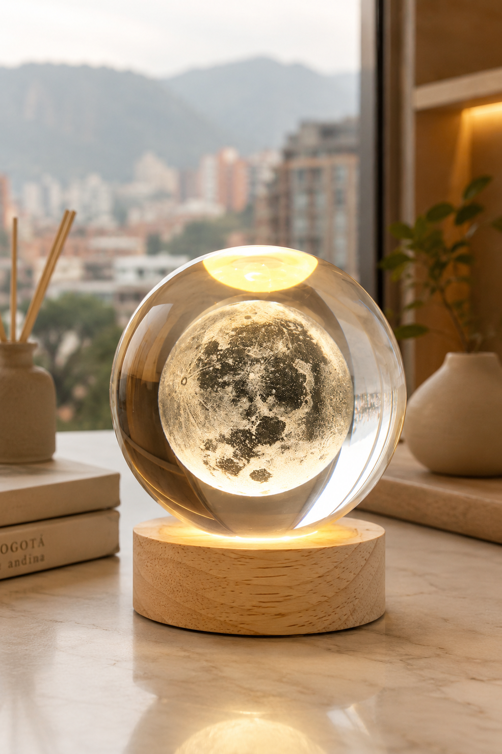 Esfera de Luz Decorativa con Base de Madera | Iluminación Minimalista
