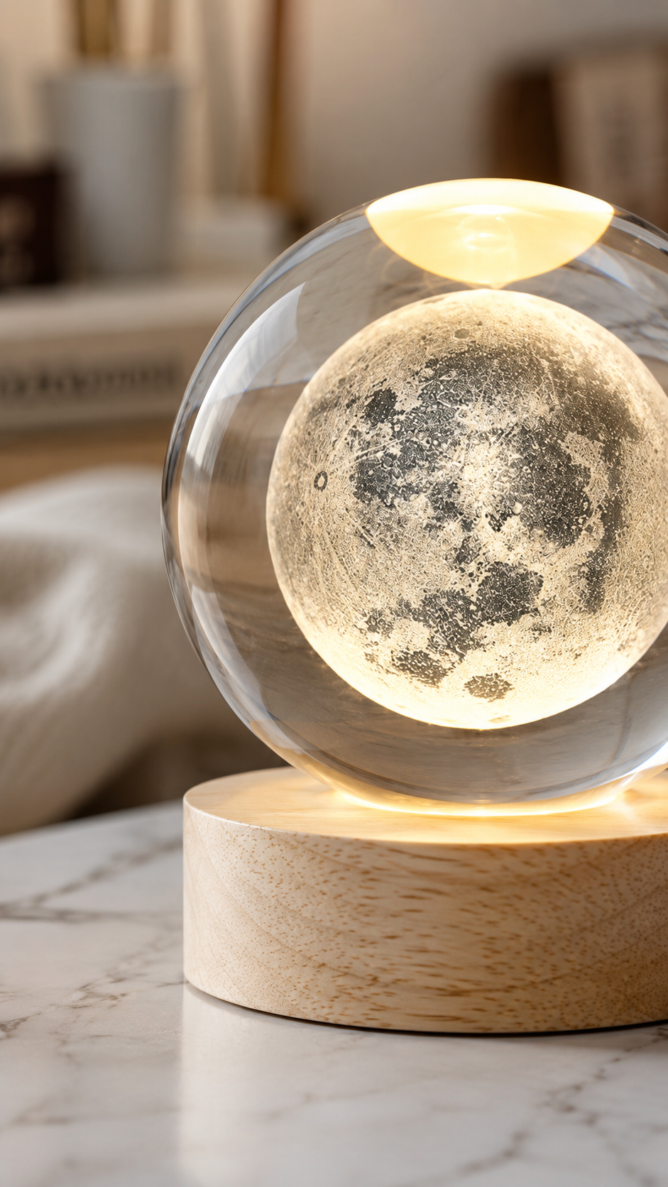 Esfera de Luz Decorativa con Base de Madera | Iluminación Minimalista